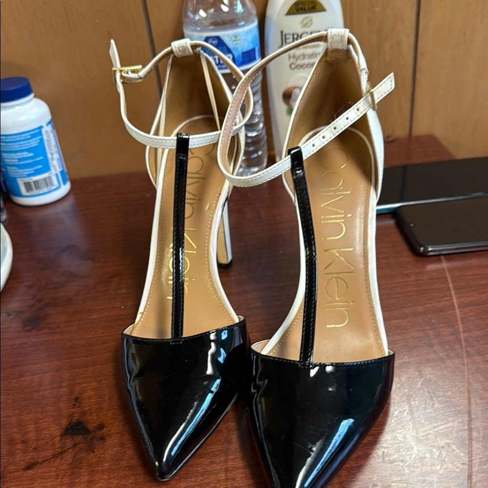Calvin Klein Black and White Heels with Ankle Straps